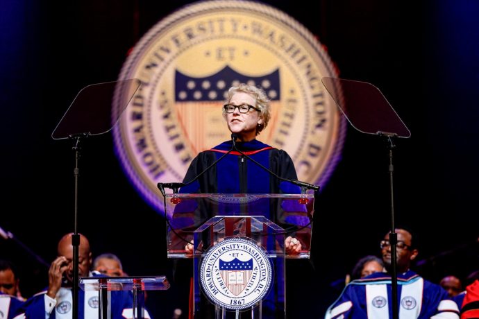 Joy Connolly, president of the American Council of Learned Societies, delivers greetings during inauguration of Ben Vinson III at Howard University