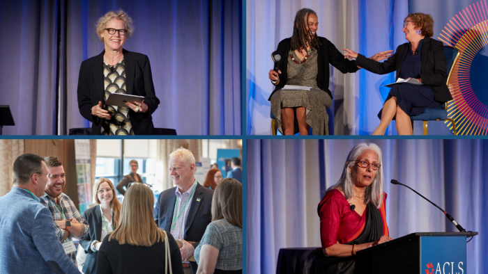 Photo collage from the 2024 ACLS Annual Meeting: ACLS President Joy Connolly; Bonnie Thornton Dill and Nancy Cantor laugh on stage; a group of scholars chats; Ania Loomba delivers the Haskins Lecture at a podium